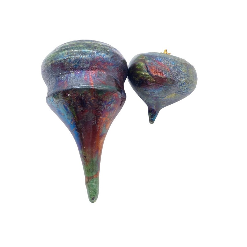 Turnip iridescent oil slick Christmas tree‎ ornaments Glass?? spinning top shape